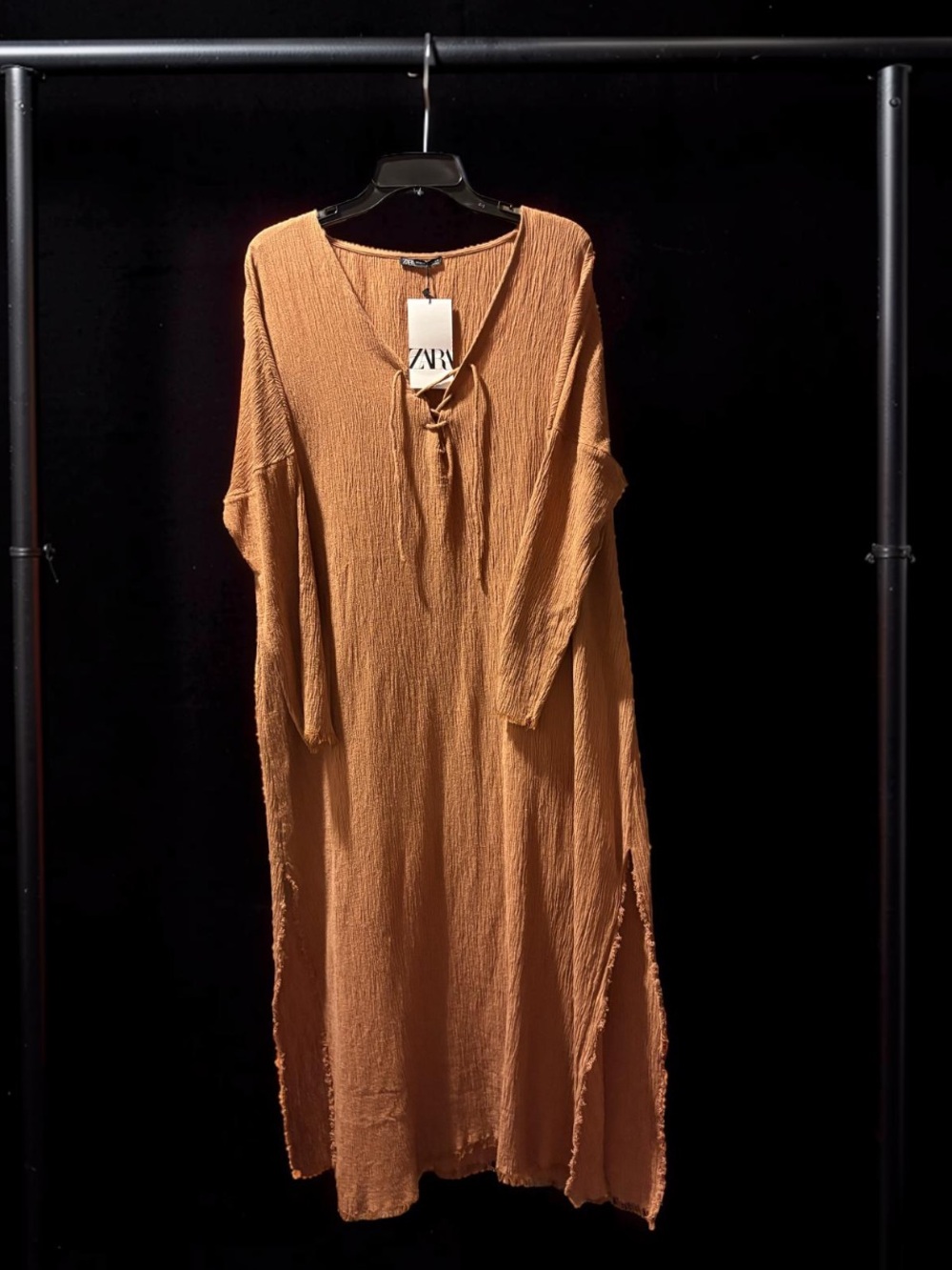 ZARA Rust Orange Long Sleeve Midi flowy Dress w/Lace Up Detail